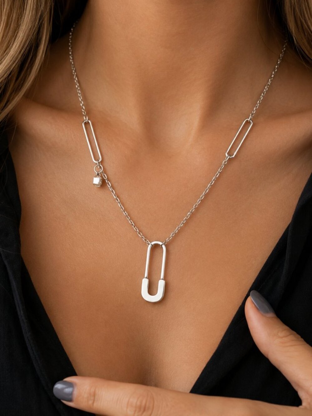 925 Sterling Silver Paperclip Necklace Safety Pin Necklace Modern Necklace